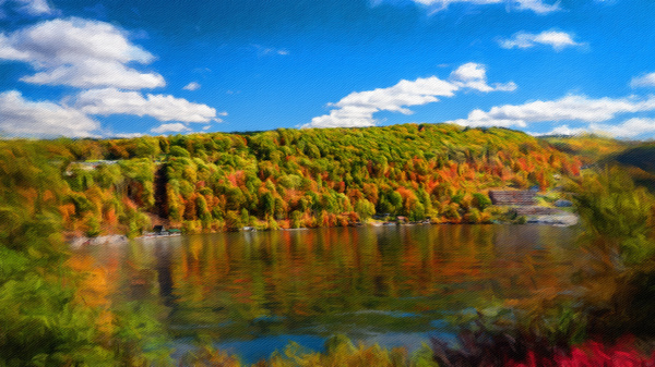 Painting of fall colors on Cheat Lake Morgantown by Steve Heap