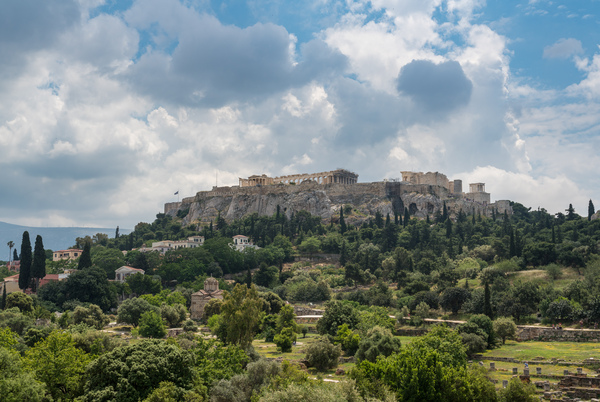 Acropolis hill rises above Greek Agora in Athens by Steve Heap