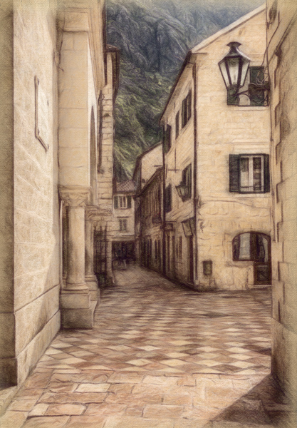 Narrow streets in Kotor in Montenegro in pencil by Steve Heap