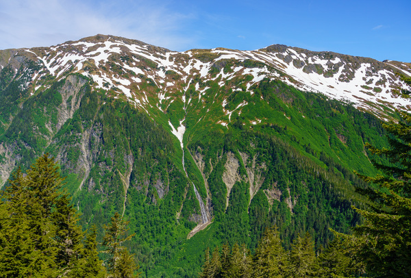 View from Mount Roberts toward Mt Juneau with waterfall in Alask by Steve Heap
