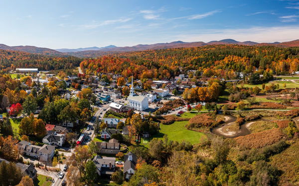 Aerial view of the town of Stowe in the fall by Steve Heap
