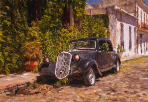 Oil painting of old car in Colonia del Sacramento by Steve Heap