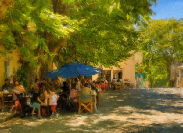 Oil painting of town square cafe in Colonia del Sacramento by Steve Heap