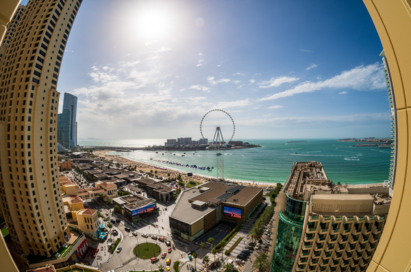 Fisheye view of Dubai observation wheel on Bluewaters Island by Steve Heap
