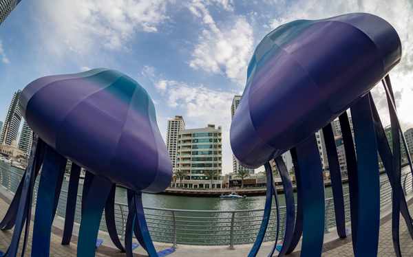 Jellyfish sculptures on promenade at Dubai Marina UAE by Steve Heap