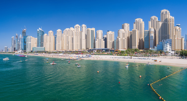 Skyline of hotels in JBR Beach above the sand and oceanfront by Steve Heap
