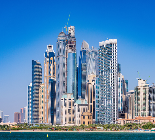 Skyline of hotels and apartments in JBR Beach above the beach by Steve Heap
