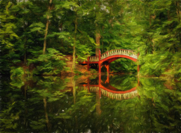Oil painting of Crim Dell bridge at William and Mary college by Steve Heap