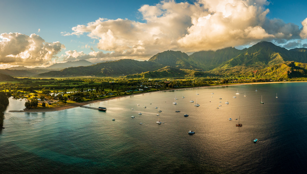 Aerial panorama over the town of Hanalei and valley at sunrise by Steve Heap