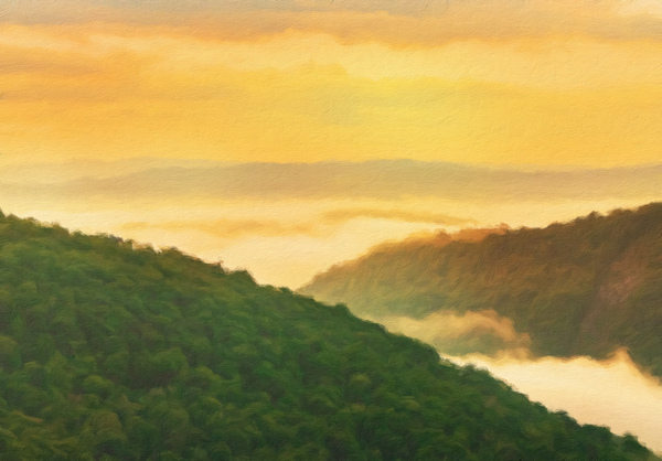 Painting of Cheat River gorge at sunrise near Raven Rock by Steve Heap