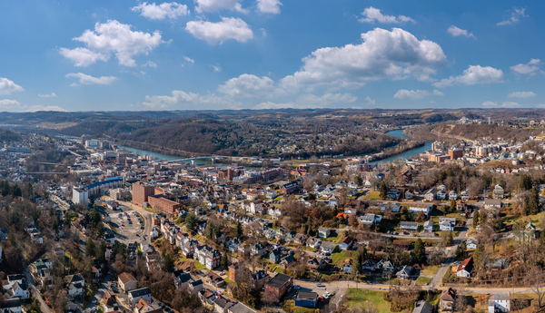 Aerial drone view of the downtown and university in Morgantown by Steve Heap