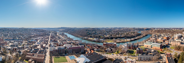 Aerial drone panorama of the downtown and university in Morgantown West Virginia by Steve Heap