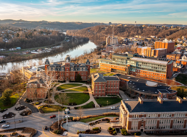 Aerial panorama of the Woodburn Circle at WVU by Steve Heap