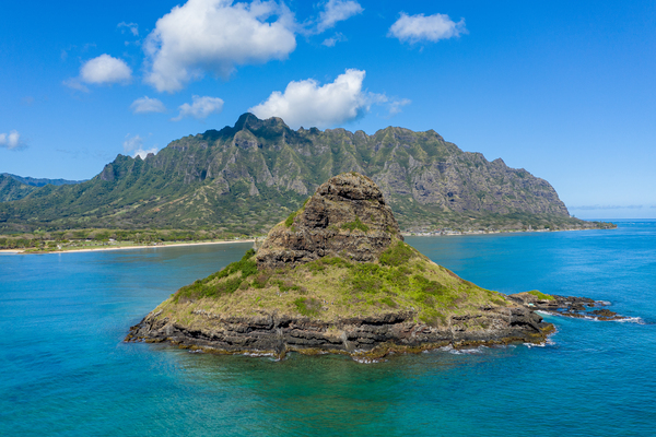 Aerial view of chinamans hat by Kualoa  regional park by Steve Heap