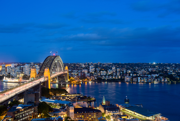 Dramatic panoramic night photo Sydney harbor by Steve Heap