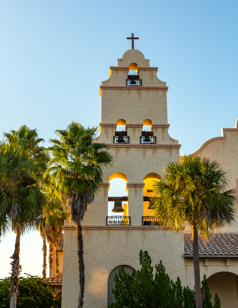 Spanish mission style church tower at sunset by Steve Heap