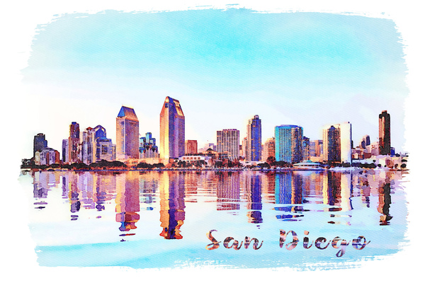 Watercolor painting of San Diego Skyline at sunset from Coronado by Steve Heap