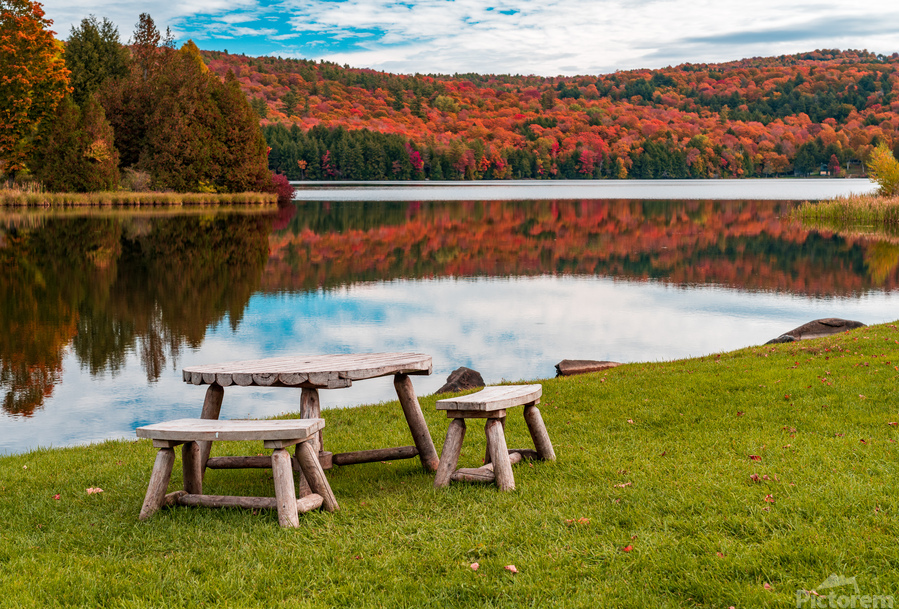 Wooden table and stools by Silver Lake Vermont  Print