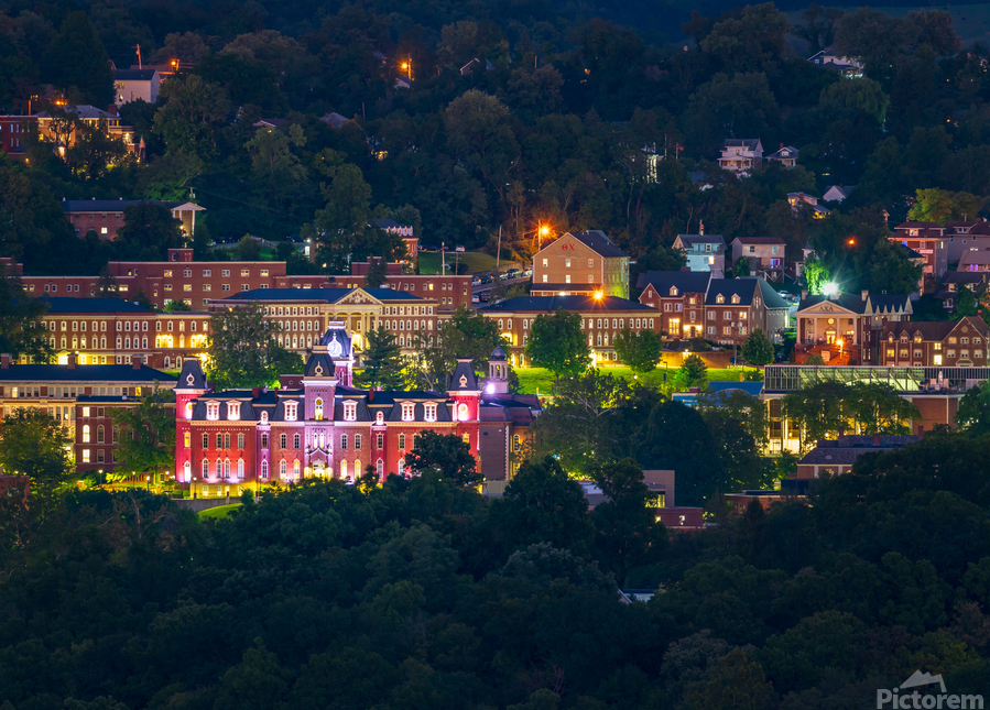 Downtown campus of West Virginia university at nightfall  Print