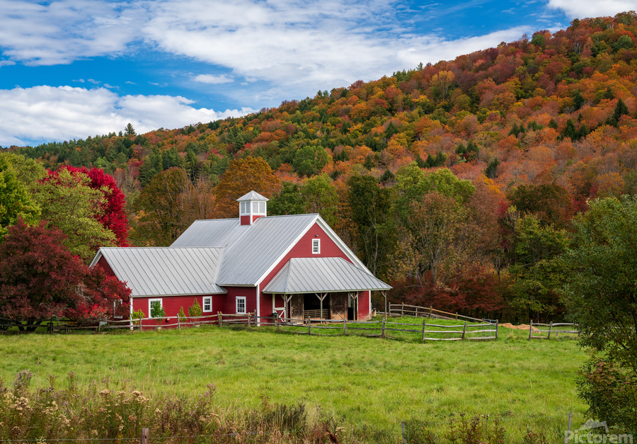 Traditional red Vermont barn with fall colors  Print