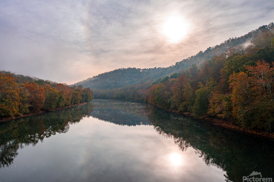 Calm Tygart River by Valley Falls on a misty autumn day  Print