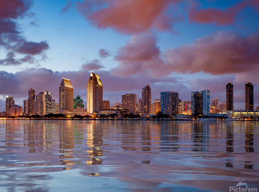 San Diego skyline at dusk reflected in sea  Print