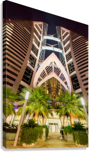 Dramatic view of Bahrain World Trade Center buildings  Canvas Print