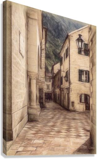 Narrow streets in Kotor in Montenegro in pencil  Canvas Print