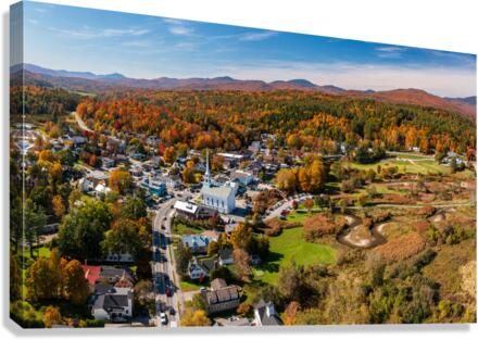 Aerial view of the town of Stowe in the fall  Canvas Print
