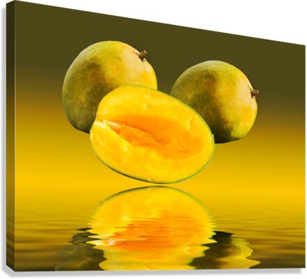 Two mangoes and one cut mango reflecting  Canvas Print
