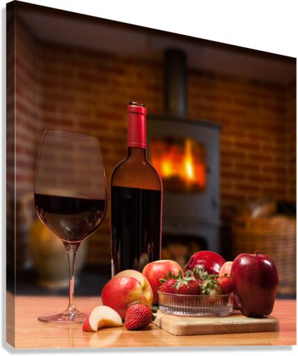 Red wine bottle and fruit with glass  Canvas Print