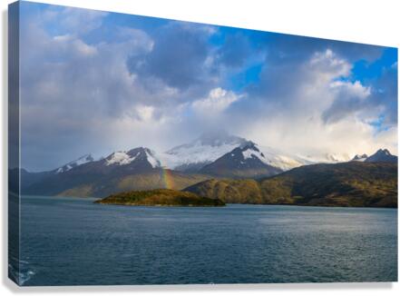 Panorama of Holanda glacier by Beagle channel with rainbow  Canvas Print