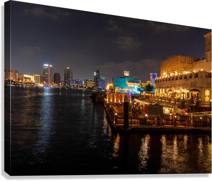 The Creek by Bur Dubai and Al Seef at night with waterfront rest  Canvas Print