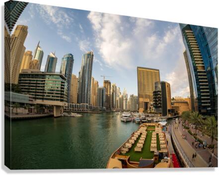 Fisheye view of cruise restaurant docked at Dubai Marina  Canvas Print