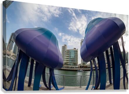 Jellyfish sculptures on promenade at Dubai Marina UAE  Canvas Print