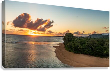 Aerial panorama of sunrise over Tunnels Beach Kauai Hawaii  Canvas Print