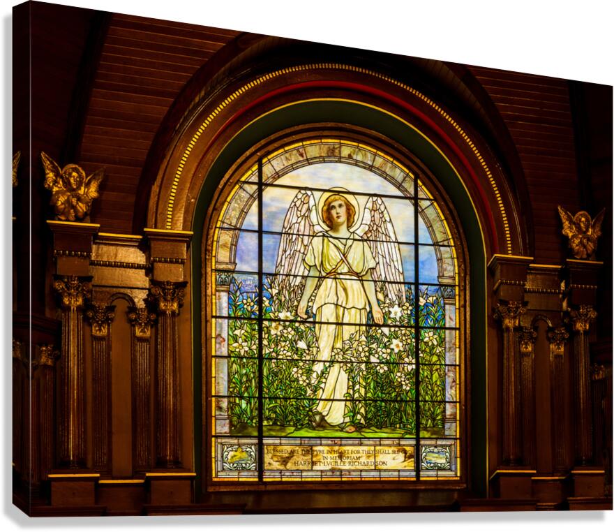 The Angel among the Lilies. Tiffany stained glass window. 1896  Canvas Print