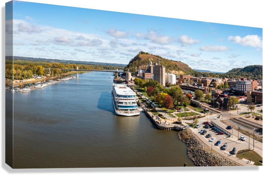 Aerial view of Red Wing Minnesota with river cruise boat  Canvas Print