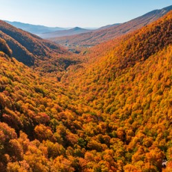 Aerial view of Smugglers Notch in the fall