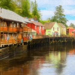 Painting of Creek Street wharf in Ketchikan Alaska