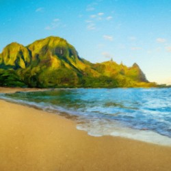 Oil painting sunrise over Tunnels Beach on Kauai in Hawaii