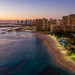 Aerial view of Waikiki beach at sunset