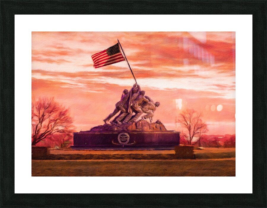 Digital painting of Iwo Jima Memorial at dawn as sun rises  Framed Print Print
