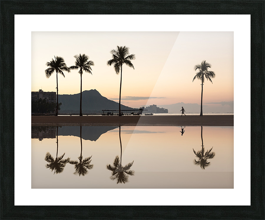 Sunrise over ocean with palm trees  Framed Print Print