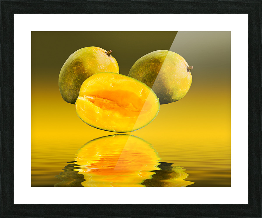 Two mangoes and one cut mango reflecting  Framed Print Print