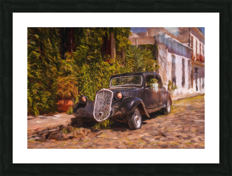 Oil painting of old car in Colonia del Sacramento  Framed Print Print