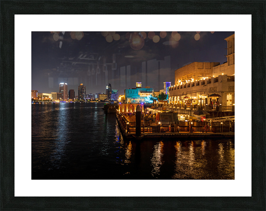The Creek by Bur Dubai and Al Seef at night with waterfront rest  Framed Print Print