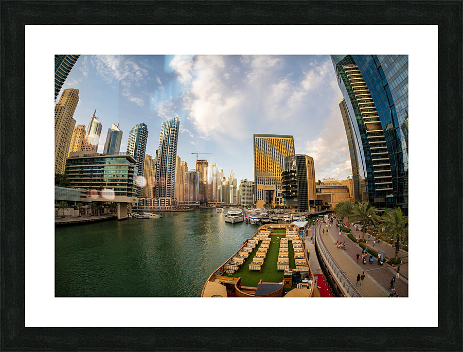 Fisheye view of cruise restaurant docked at Dubai Marina  Framed Print Print