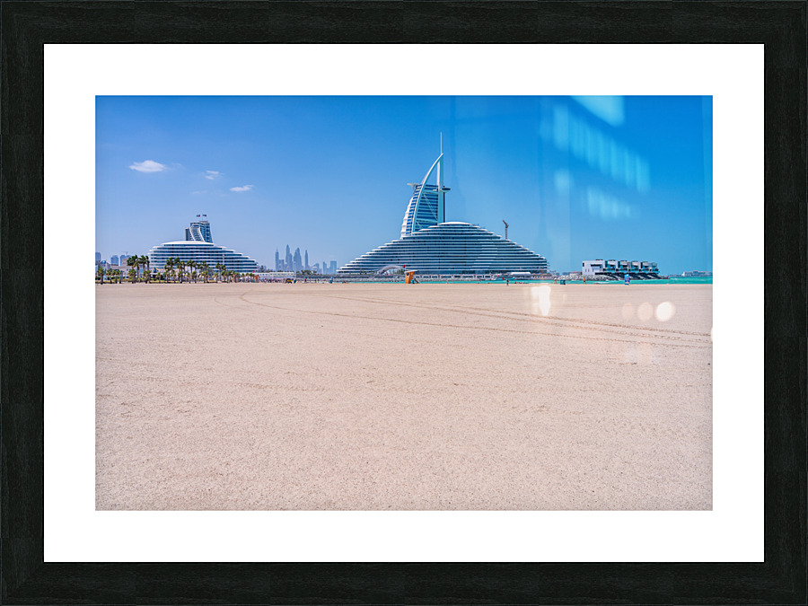 Iconic Burj al Arab behind newly constructed Marsa al Arab hotel  Framed Print Print