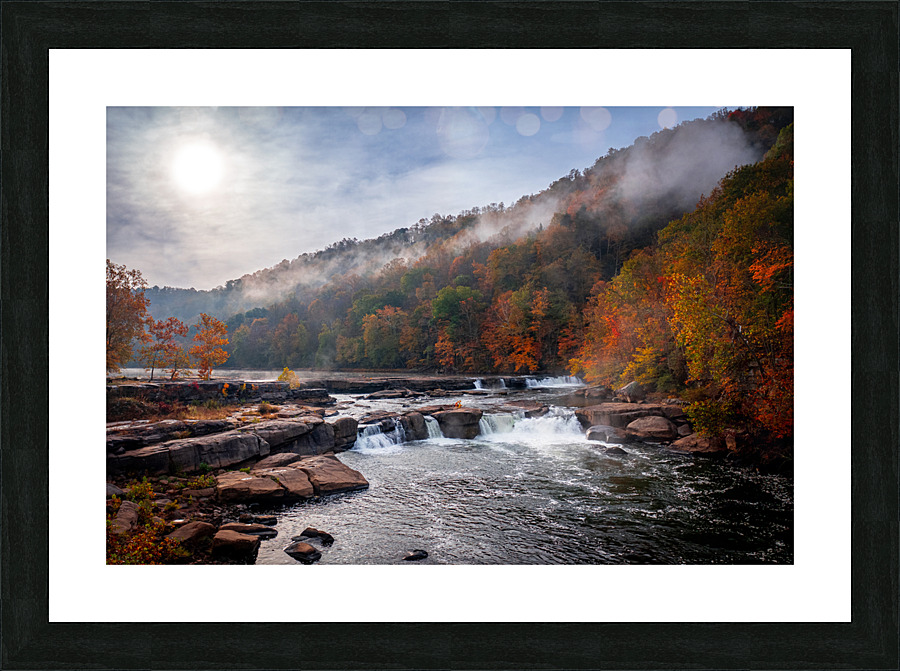 Sun rising over Valley Falls on a misty autumn day  Framed Print Print